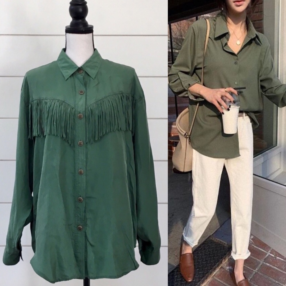 SOLD : Vintage 90s Silk Western Fringe Button Down - Picture 1 of 6